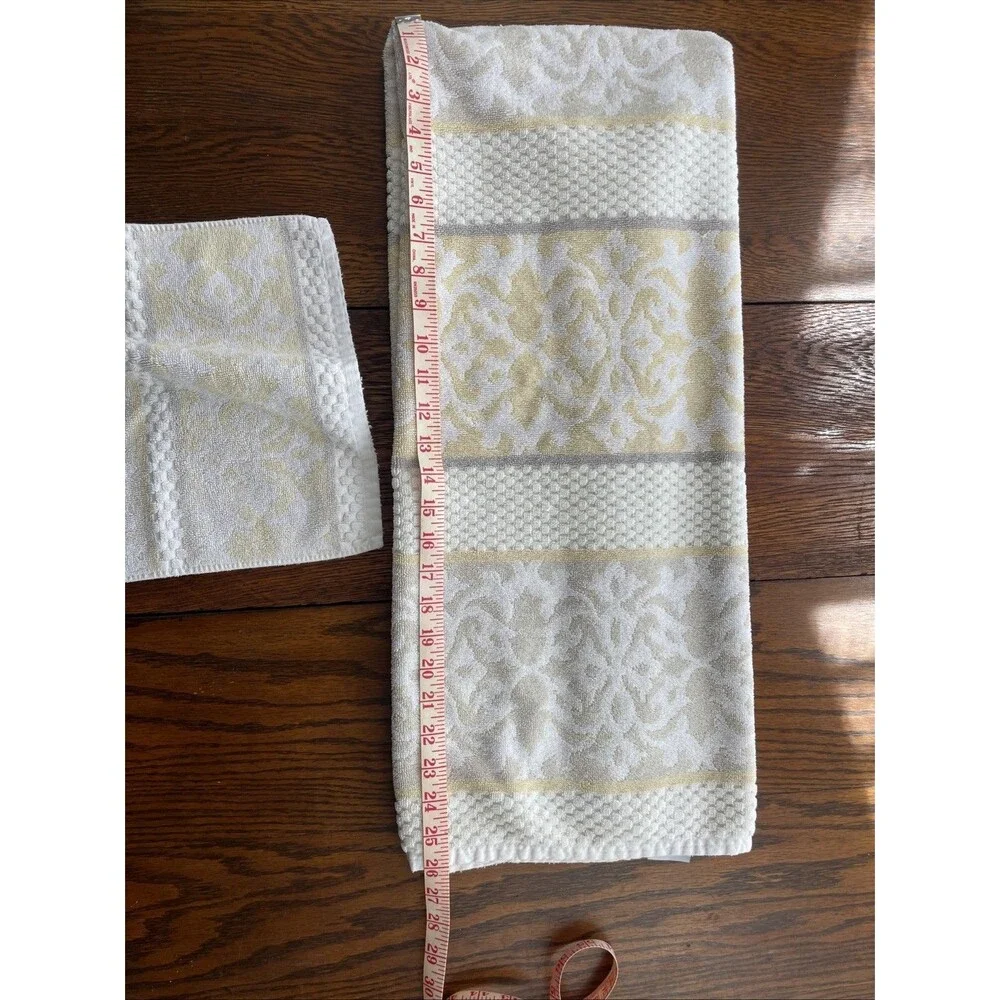2 PC Towel Set Beau Monde Bath & Wash Cloth Scroll Stripe Neutrals 100% Cotton